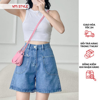 Quần short jean nữ VMSTYLE lai thường 2 túi trước cạp cao 307 - SJU00029