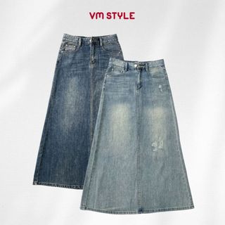 Chân váy jean denim dài nữ VMSTYLE dáng chữ A cạp cao xước thường basic đi học, đi chơi CVJ00091