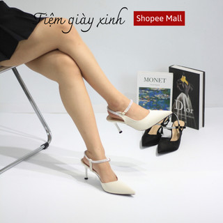 Giày cao gót hở gót Ninshoes mũi nhọn quai ngang đính đá cao 7 phân thiết kế trơn đơn giản sang trọng CGM0259