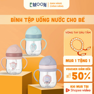 Bình tập uống nước Emoon 250ml ống hút silicon có van chống sặc chịu nhiệt tốt, có tay cầm chắc chắn