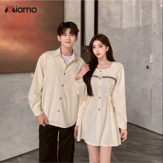 Set Đồ Đôi Nam Nữ Cotton (Áo Sơ Mi Nam + Đầm Nữ) Mẫu Trắng Dây Eo Style Hàn, 2 Túi Nam Miamo MO34
