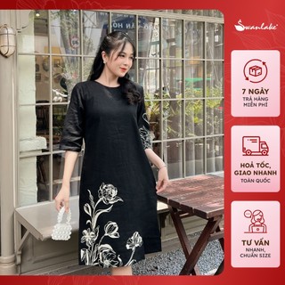 SWANLAKE | Váy Đầm Dáng Suông Che Khuyết Điểm Cổ Tròn Tay Lỡ In Họa Tiết Hoa Vải Linen Thanh Lịch Trẻ Trung - D11169LW02
