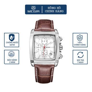 Đồng hồ nam thạch anh chính hãng MEGIR mặt chữ nhật mạ bạc thời trang dây da, Đồng hồ pin Quarzt