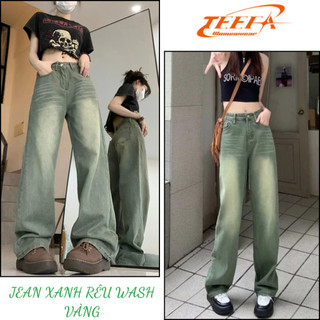 Quần Jean Nữ Retro Xanh Rêu Wash Vàng, Quần Jean Ống Rộng Kiểu Dáng Suông Rộng Quần jean nữ ống rộng