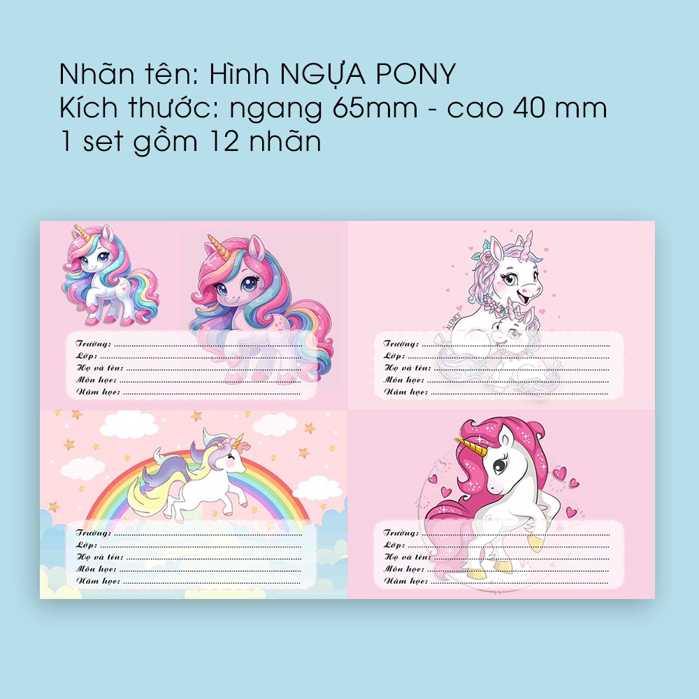 Combo 12 Nhãn vở Hình NGỰA PONY | Nhãn Dán Vở | Nhãn Dán Sách - Nhãn Dán Tập - Nhãn Tên | MS: 111344