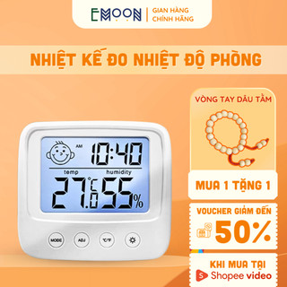 Nhiệt ẩm kế đo nhiệt độ phòng cho bé Emoon 4 trong 1 đo nhiệt độ, độ ẩm, xem giờ, báo thức, bảo vệ sức khỏe gia đình