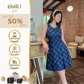 Váy sát nách kẻ caro Emili váy ngắn không tay chân váy xếp ly kiểu xinh 