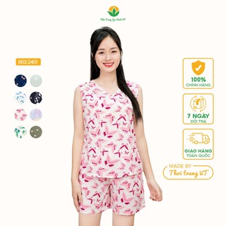Bộ đồ lanh Việt Thắng quần đùi áo sát nách nữ xếp ly vai - Thời trang Việt Thắng B02.2401