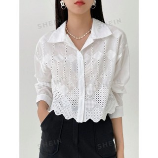 ( ORDER SHEIN ) LIPORO TOP - Áo croptop tay dài sơ mi họa tiết vải lỗ Hàn Quốc Y2K