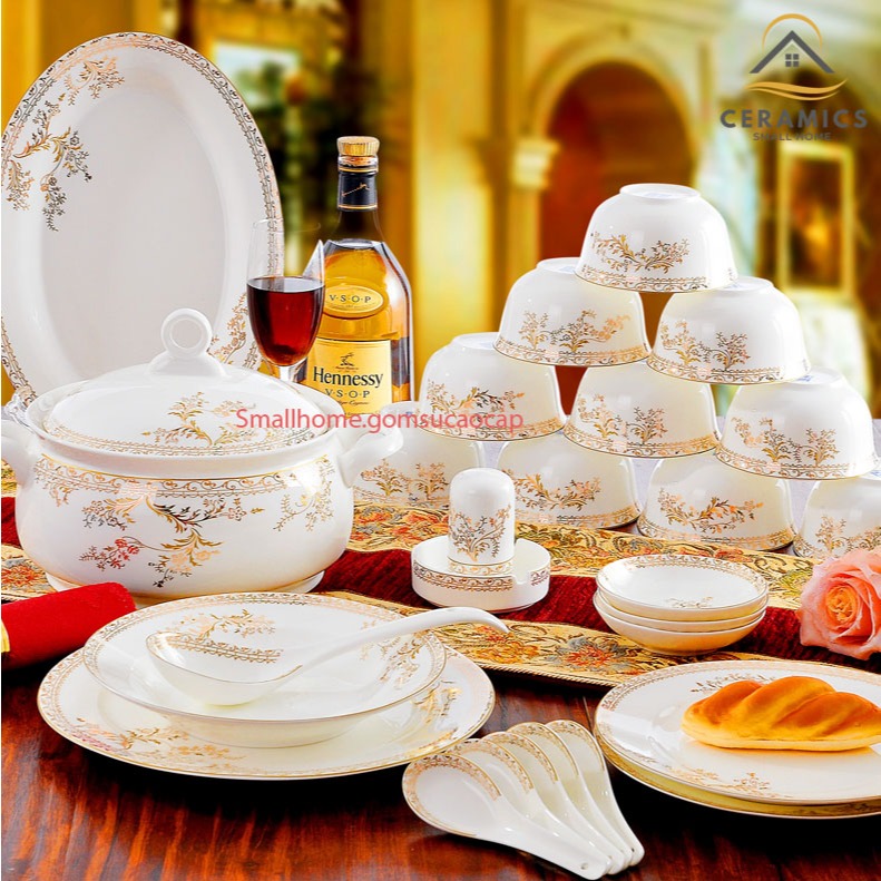 Bộ bát đĩa Thiên Kiều 56 món sứ xương cao cấp, họa tiết sang trọng, phong cách hoàng gia Trung Âu