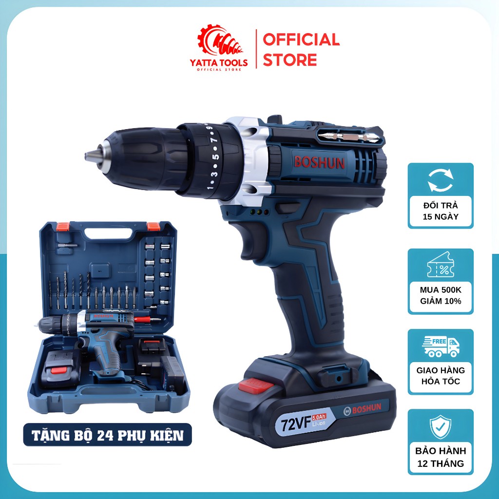 Máy khoan pin Bosch 72v, máy khoan cầm tay 3 chức năng có búa tặng bộ phụ kiện 24 chi tiết