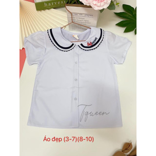 Áo sơ mi trắng cổ sen tay phồng viền họa tiết nữ học sinh đồng phục học sinh bé gái cấp 1, tiểu học