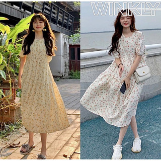 [Ảnh thật] Váy babydoll hoa tầng cổ tròn tay ngắn ulzzang - Đầm hoa nhí tầng tay ngắn