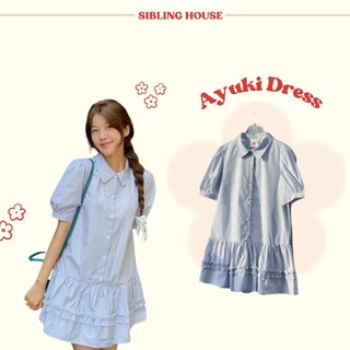 Đầm babydoll nữ cổ sen thiết kế nút hoa điểm nhấn bèo họa tiết kẻ sọc Ayuki Dress - Sibling House