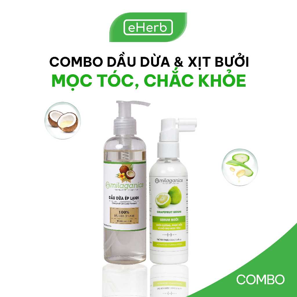 Combo Dưỡng Tóc Chắc Khỏe, Mọc Tóc: Dầu Dừa Ép Lạnh 250ml & Xịt Tinh Dầu Bưởi 100ml MILAGANICS
