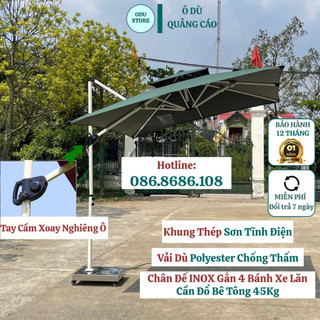 Ô dù lệch tâm mái nghiêng vuông 2m5x2m5 vải dù Poly đế INOX che nắng che mưa to ngoài trời sân vườn