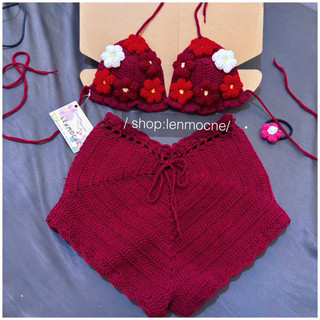 /len loại1/ Set áo váy đỏ tươi quần len handmade- móc theo size và số đo