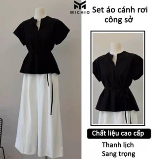  Set Hè Áo Cánh Rơi Công Sở Kèm Quần Trắng Suông MICHIO Thời Trang Thanh Lịch S01 