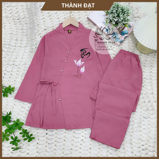 Đồ Lam Đi Chùa Vạt Chéo Thư Pháp Chất Vải Kate Mịn Đẹp Mát, Hàng Loại 1,Mặc Trẻ Trung Duyên Dáng Kín Đáo đi lễ chùa_TP2