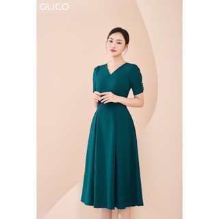 Đầm xòe cổ tim tay kết nút bọc - xanh 4518x