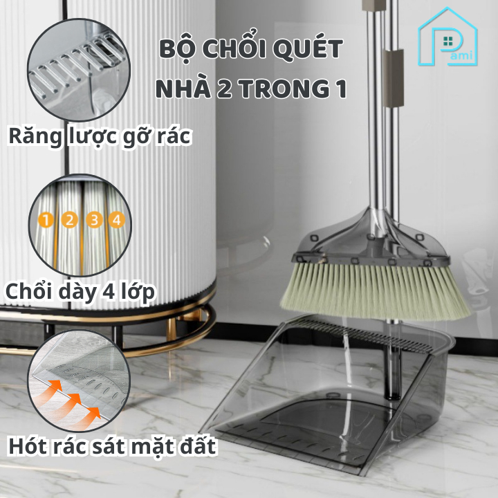 Bộ chổi quét nhà Pami Home kèm hót rác 2 trong 1 đa năng, gấp gọn tiện lợi chất liệu ABS bền đẹp chố