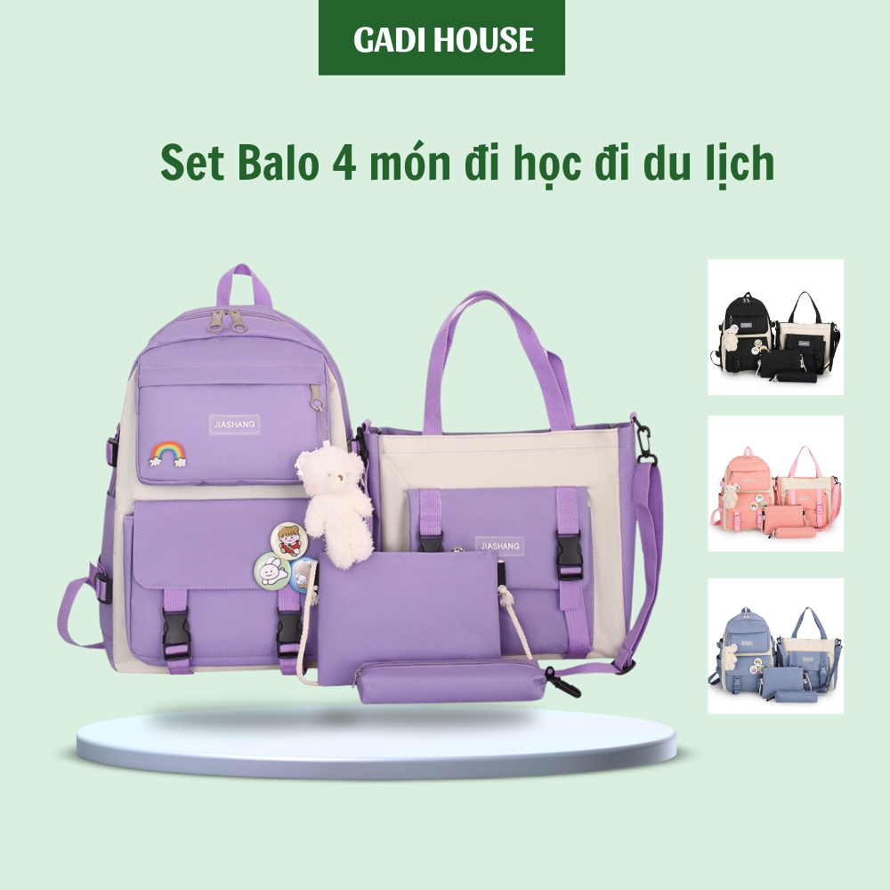 Bộ 4 món balo túi xách đi học du lịch, Balo thời trang đi học, Balo nữ nam đựng laptop phong cách hà