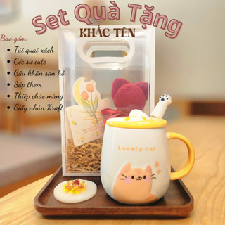 [KHẮC TÊN] Cốc sứ hình MÈO NGỐC đáng yêu, ly sứ IN TÊN THEO YÊU CẦU CÓ NẮP và THÌA quà tặng bạn gái.