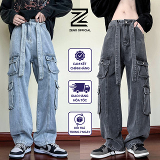  Quần bò ống rộng nam nữ 8 túi hộp đai to Hiphop quần jean ống suông dài cargo pants form rộng 