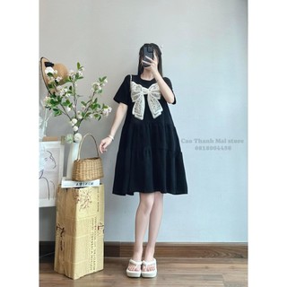 Váy Babydoll Umi Cotton Nơ Ngọc 2 Màu Ghi, Đen Thiết Kế 3 Tầng Xoè Cực Cute (Ảnh Thật Trải Sàn)