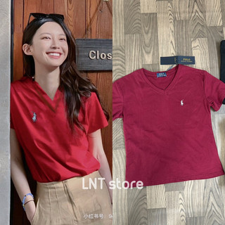 [LNT]Áo thun cổ tym RL đỏ trầm rụ logo màu nhũ bạc sang trọng thanh lịch xu hướng tối giản thoải mái mang hàng ngày