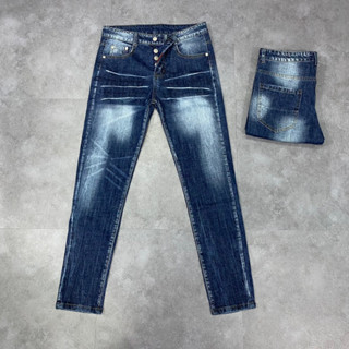  Quần jean dsq2 xanh 4 cúc trơn không rách,quần bò dsq2 xanh đậm đơn giản wash mài màu bạc 