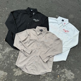 Áo sơ mi tay dài Oxford hình thêu GOLDEN CHILD tà vạt bầu form rộng nam nữ basic striped shirt hàn quốc