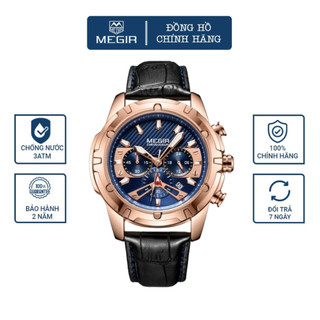 Đồng hồ nam MEGIR thể thao dây da thật Size 47mm chống nước 30M dạ quang chạy pin, Đồng hồ đeo tay