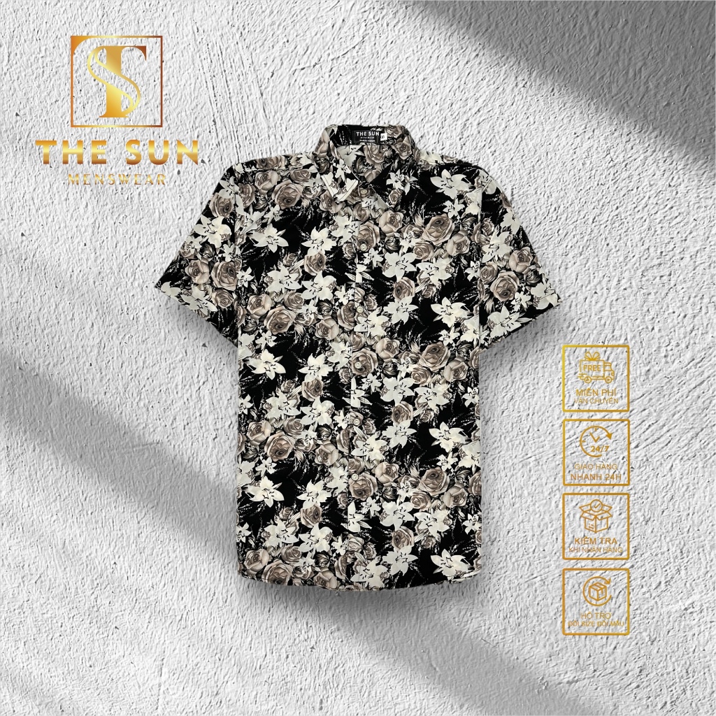 Áo Sơ Mi Lụa Họa Tiết Hoa Hồng Tím - Cuban Shirt TS54 - Size 50-100kg - Vải Lụa Thoáng Mát, Chống Nhăn, Chống Nhàu Tốt