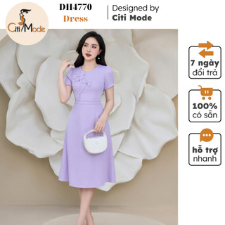Đầm công sở CITI MODE FASHION thiết kế dáng xoè tím cổ tròn đính hoa ngực DH4770