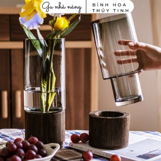 Bình hoa thủy tinh đế gỗ decor phòng ngủ và phòng khách cao cấp