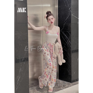 Set áo 2 dây đính nơ hồng 2 bên quần hoạt hình suông
