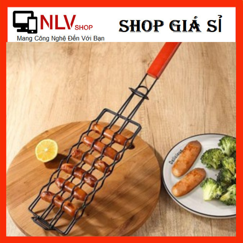 Vỉ kẹp nướng thịt, xúc xích, BBQ, ngoài trời bằng inox không gỉ.Tay cầm gỗ chống nóng.Vỉ nướng mini