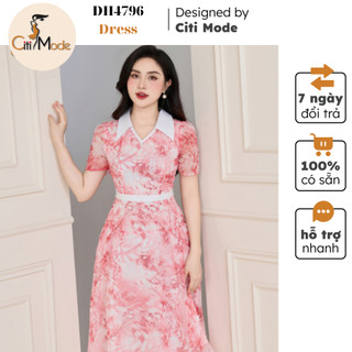 Đầm công sở CITI MODE FASHION thiết kế dáng xoè hoạ tiết hồng phối đai eo trắng DH4796
