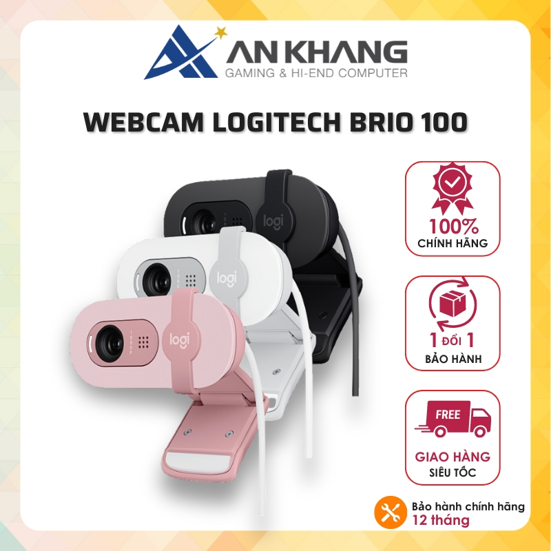 Webcam Logitech Brio 100 Full HD - Cân bằng ánh sáng, Mic, USB-A - Chính Hãng BH 12 Tháng
