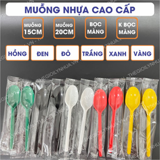 SET 200 cái muỗng nhựa bọc màng, thìa nhựa trà sữa bọc màng nilon từng cái, muỗng nhựa dài 15cm đủ màu