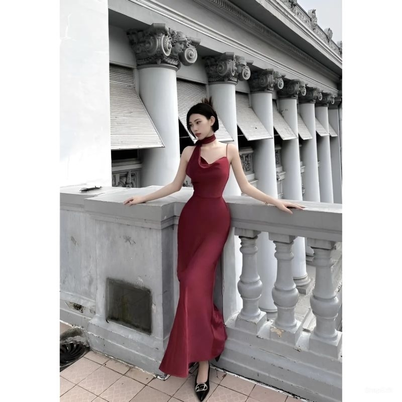 Đầm Lụa Cổ Đổ Dự Tiệc Đuôi Cá Hở Lưng Cao Cấp - Váy Lụa Cổ Đổ Hở Lưng Dáng Dài Tôn Dáng Sang Chảnh