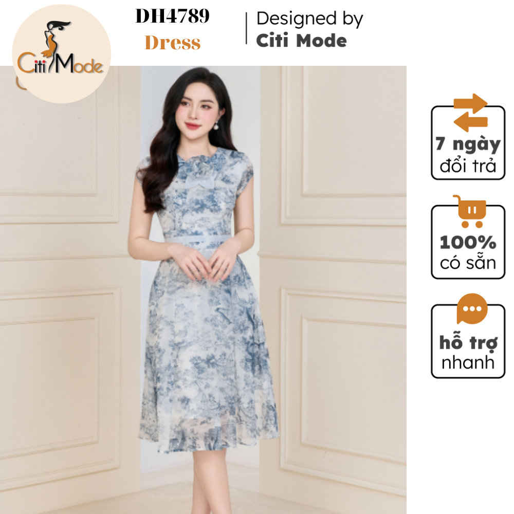 Đầm công sở CITI MODE FASHION thiết kế dáng xoè hoạ tiết xanh cổ bẻ đính hoa DH4789