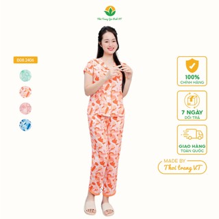 Bộ pijama lanh nữ mặc nhà mùa hè quần dài áo cộc tay cổ sam thời trang Việt Thắng - B08.2406