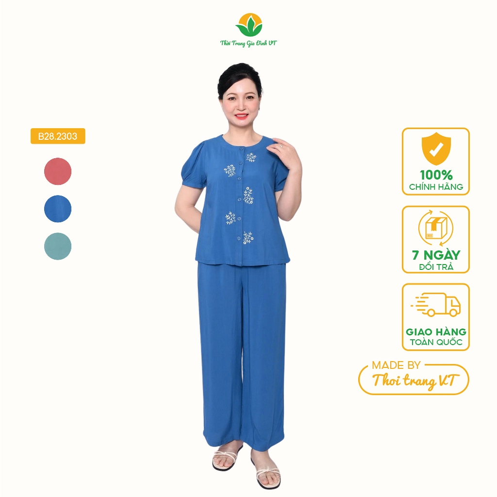 Bộ Mặc Nhà Trung Niên Mùa Hè Thời Trang Việt Thắng Quần Dài, Áo Cộc Tay Chất Lanh Thoáng Mát B28.2303