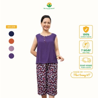 Bộ lanh Việt Thắng quần lửng áo sát nách trung niên phối áo trơn quần họa tiết B05.2208