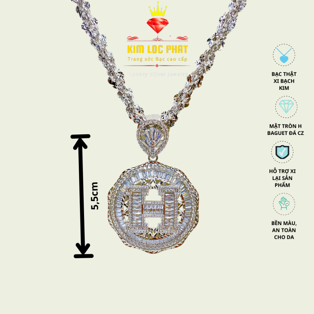 Dây chuyền bạc xi bạch kim nam nữ xoắn bướm, Mặt dây chuyền bạc tròn chữ H baguet vip, Vòng cổ bạc
