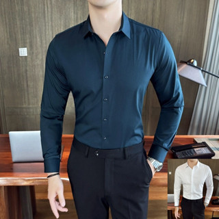 Áo sơ mi nam xanh Blue vải Lụa cao cấp không nhăn co giãn , dáng ôm công sở dài tay Hàn Quốc boy phố trẻ trung Luxury