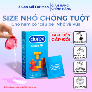 Bao cao su durex size nhỏ 49mm che tên nhiều gel bôi trơn kéo dài quan hệ hộp 12 bao close fit