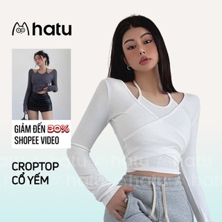 Áo croptop nữ tay dài cổ yếm hở vai ôm body, áo kiểu nữ cổ yếm phối vạt chéo giả 2 lớp dày dặn